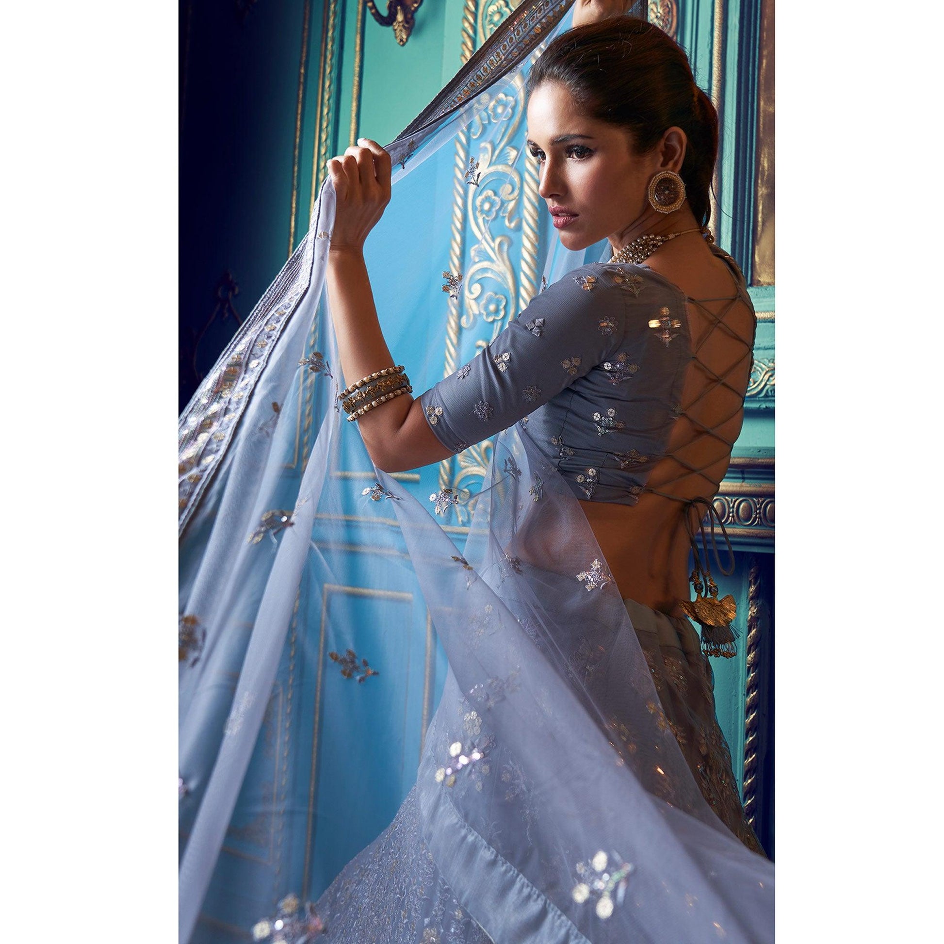 Mesmerising Grey Colored Partywear Embroidered Soft Net Lehenga Choli