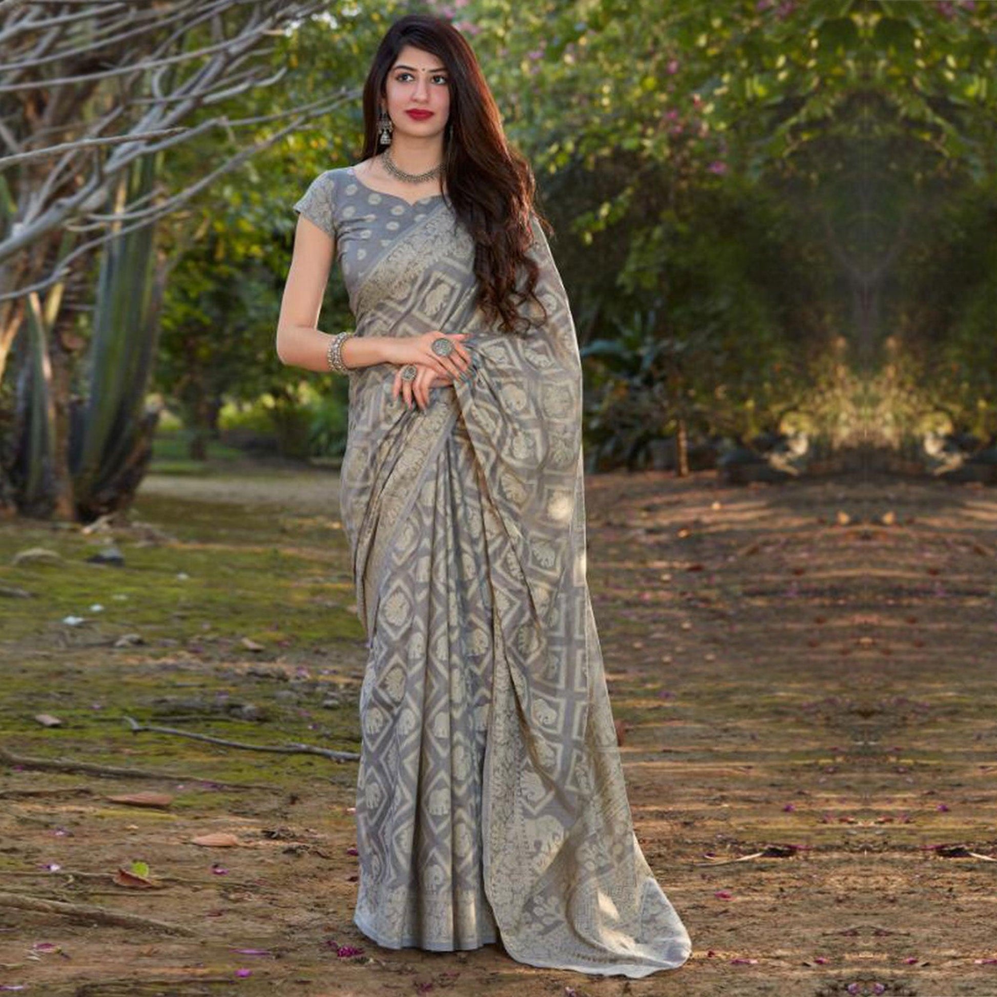 Mesmerising Grey Coloured Casual Wear Printed Lakhnavi Cotton Silk