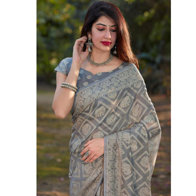 Mesmerising Grey Coloured Casual Wear Printed Lakhnavi Cotton Silk