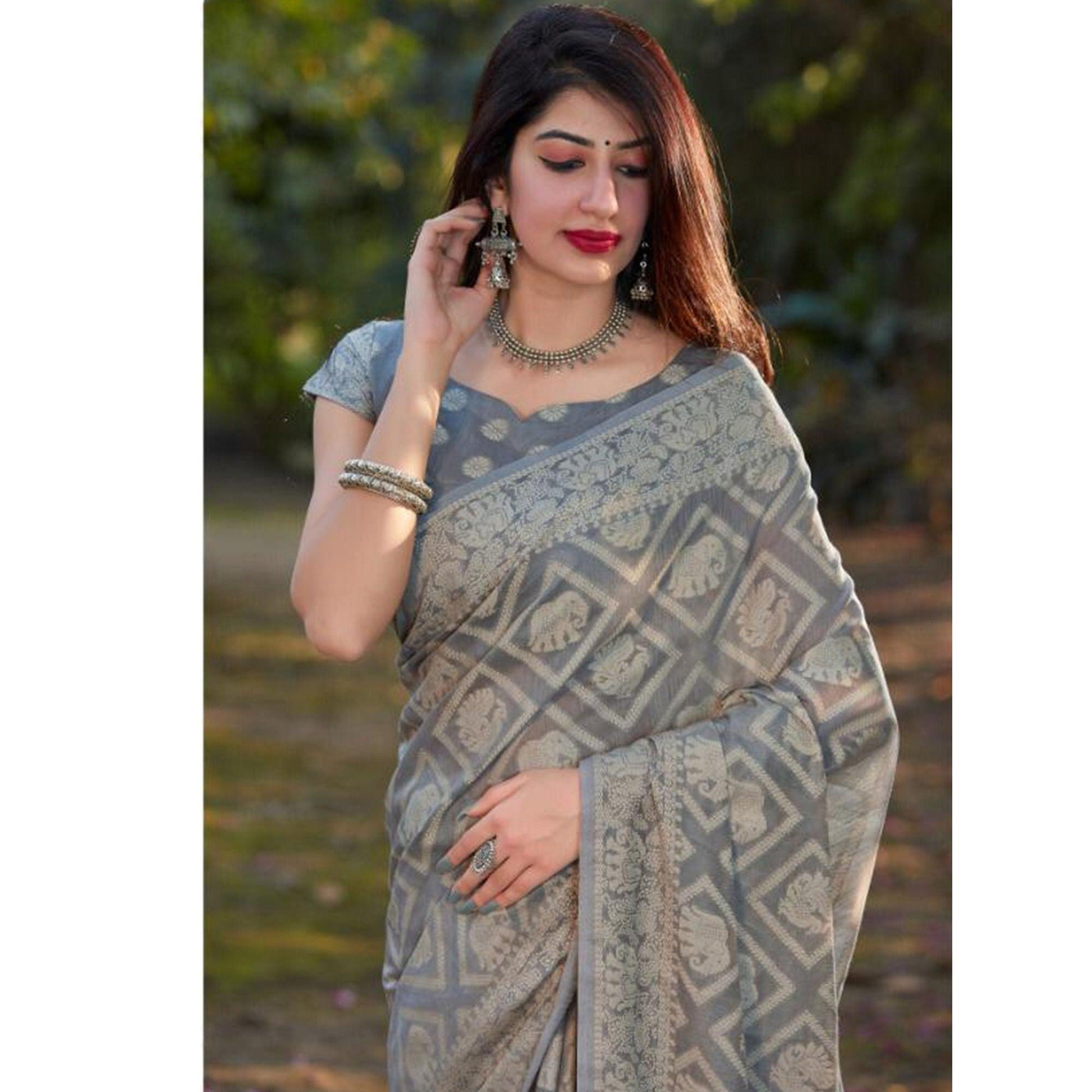 Mesmerising Grey Coloured Casual Wear Printed Lakhnavi Cotton Silk