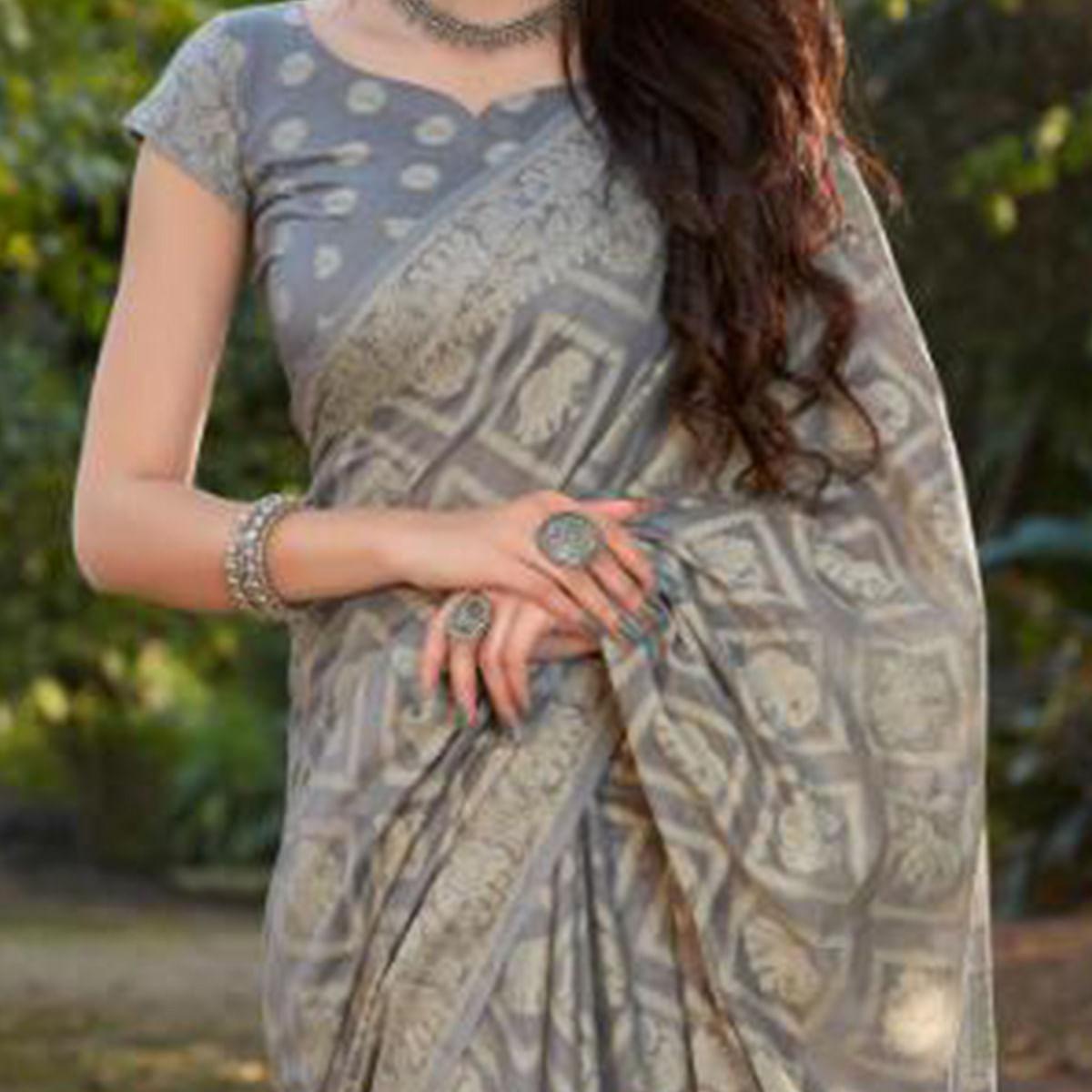 Mesmerising Grey Coloured Casual Wear Printed Lakhnavi Cotton Silk