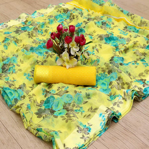 Mesmerising Lemon Yellow Colored Casual Wear Floral Printed Cotton Blend Saree