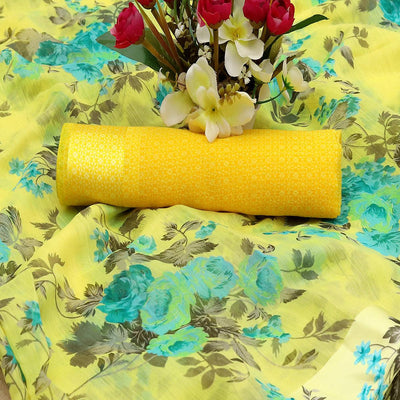 Mesmerising Lemon Yellow Colored Casual Wear Floral Printed Cotton Blend Saree