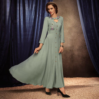 Mesmerising Light Pastel Green Colored Partywear Embroidered Rayon Long Kurti