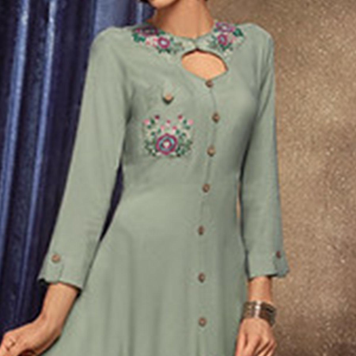 Mesmerising Light Pastel Green Colored Partywear Embroidered Rayon Long Kurti