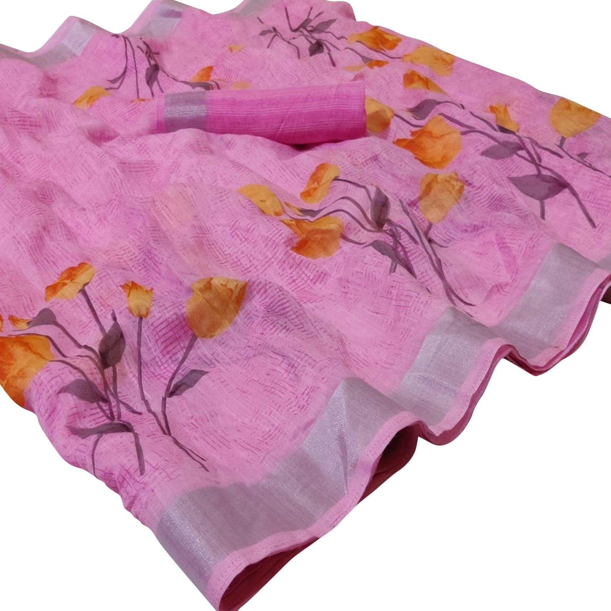 Mesmerising Light Purple Colored Casual Floral Printed Linen Saree