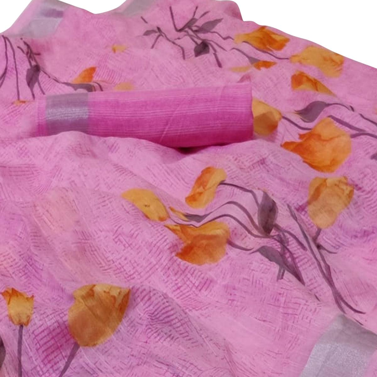 Mesmerising Light Purple Colored Casual Floral Printed Linen Saree