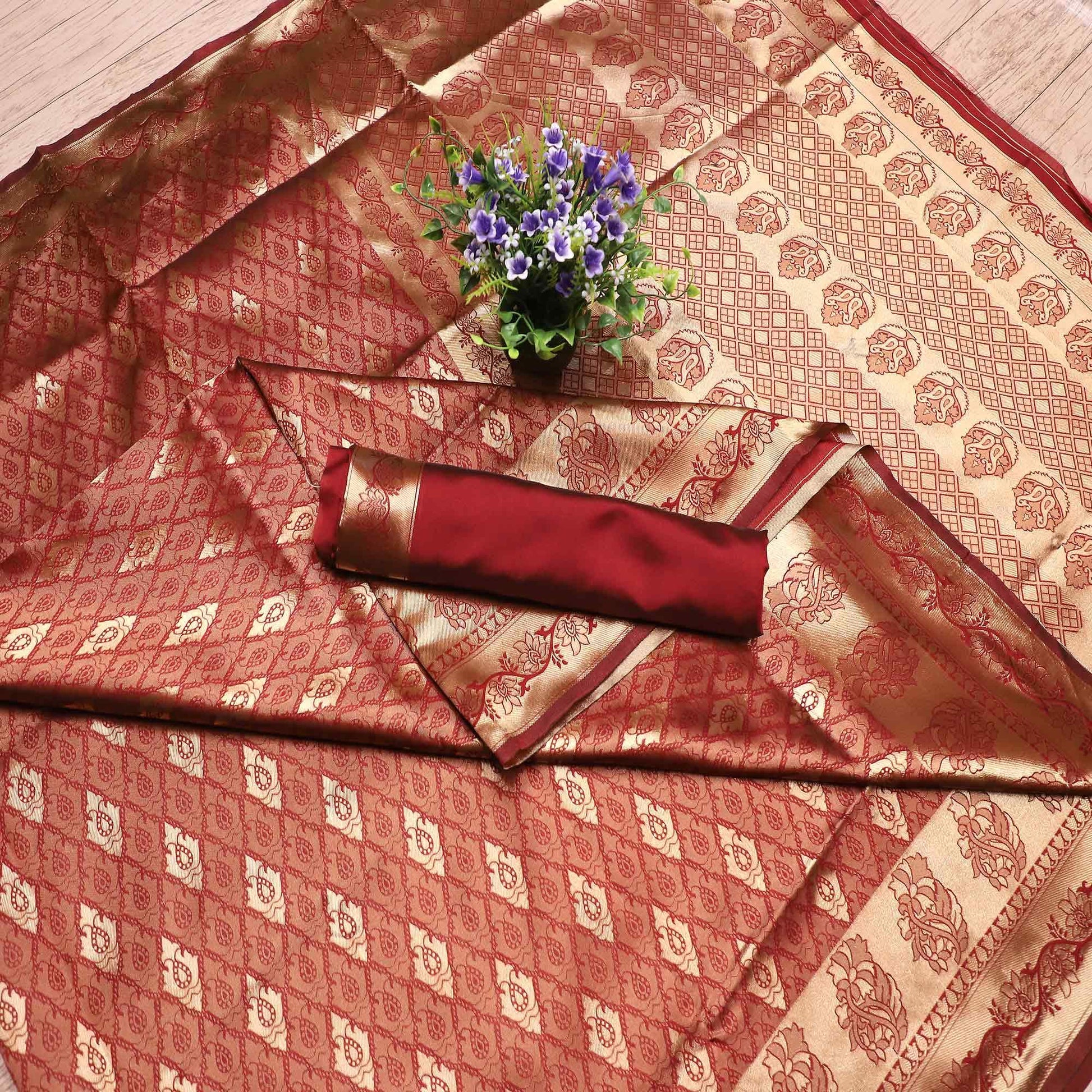 Mesmerising Maroon Colored Festive Wear Printed Banarasi Silk Saree