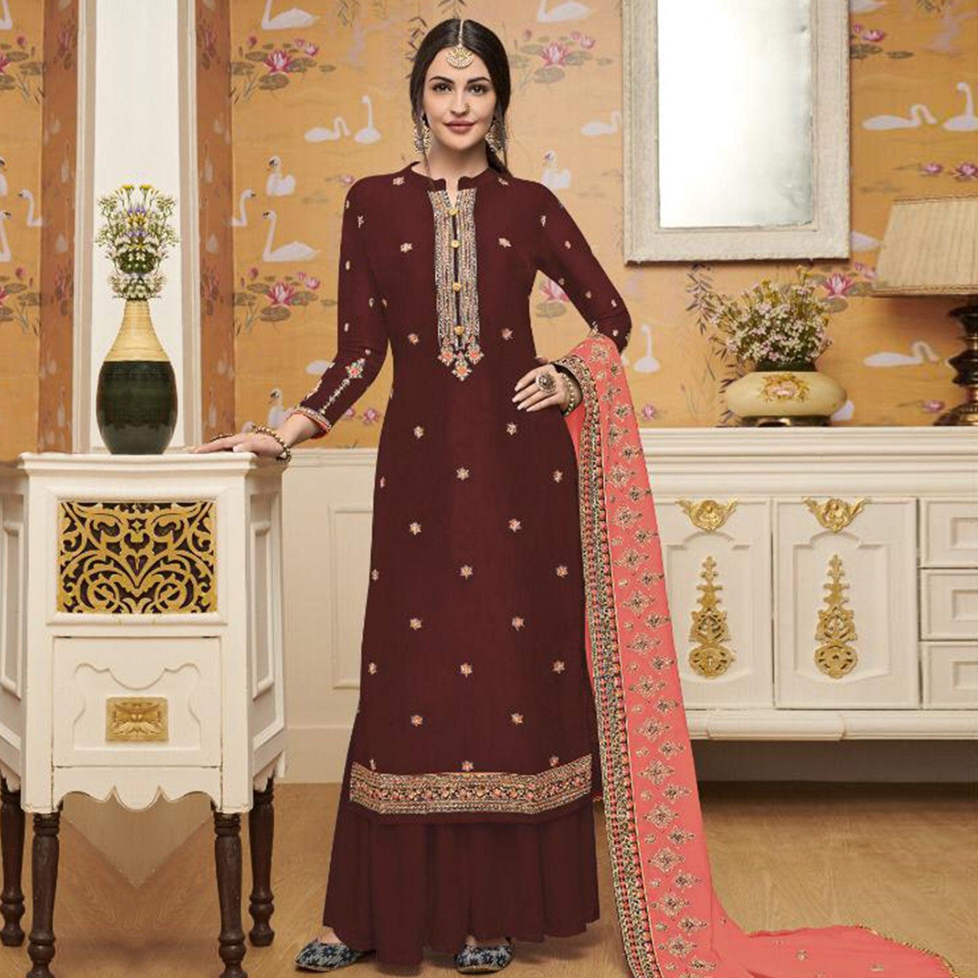 Mesmerising Maroon Colored Partywear Embroidered Crepe Palazzo Suit