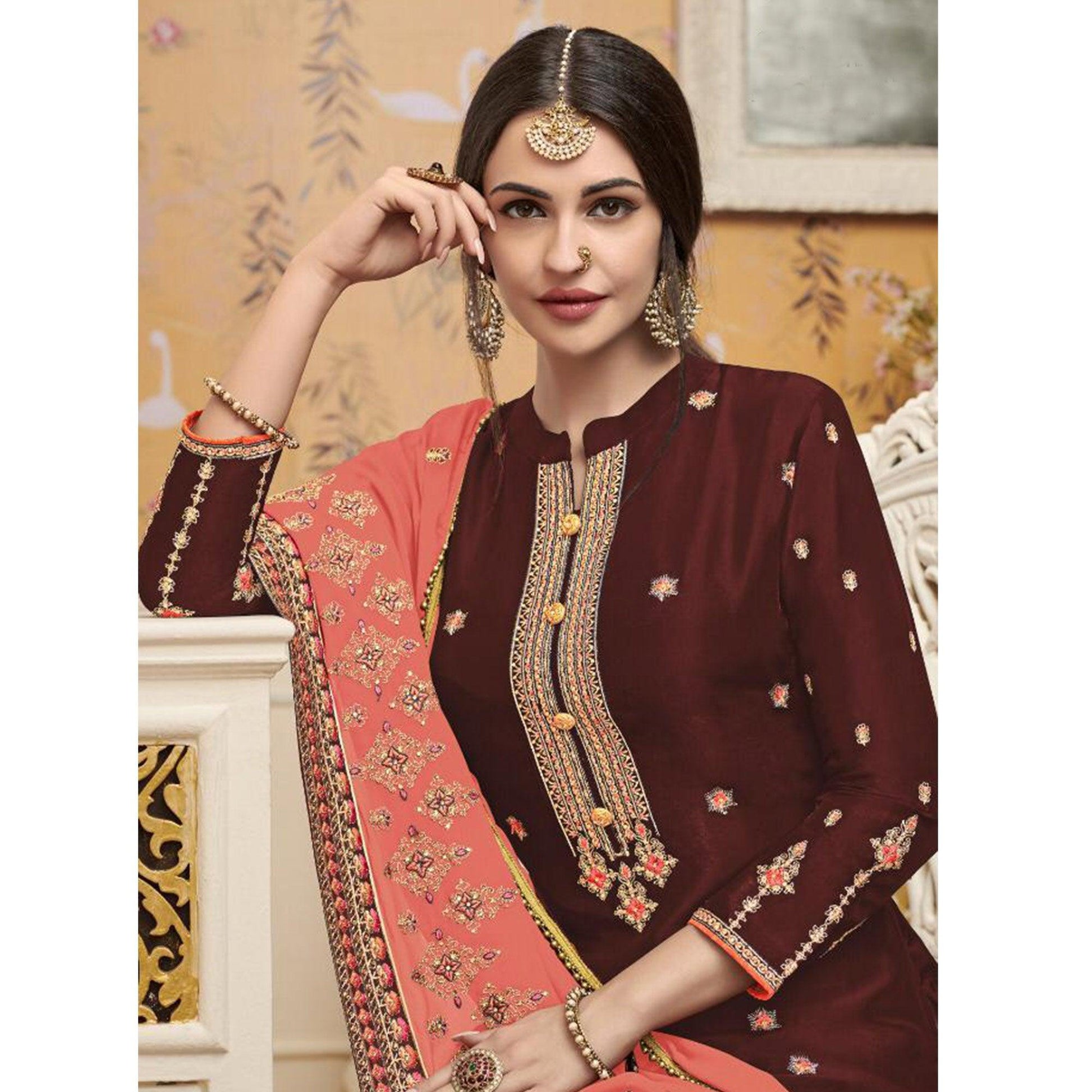 Mesmerising Maroon Colored Partywear Embroidered Crepe Palazzo Suit