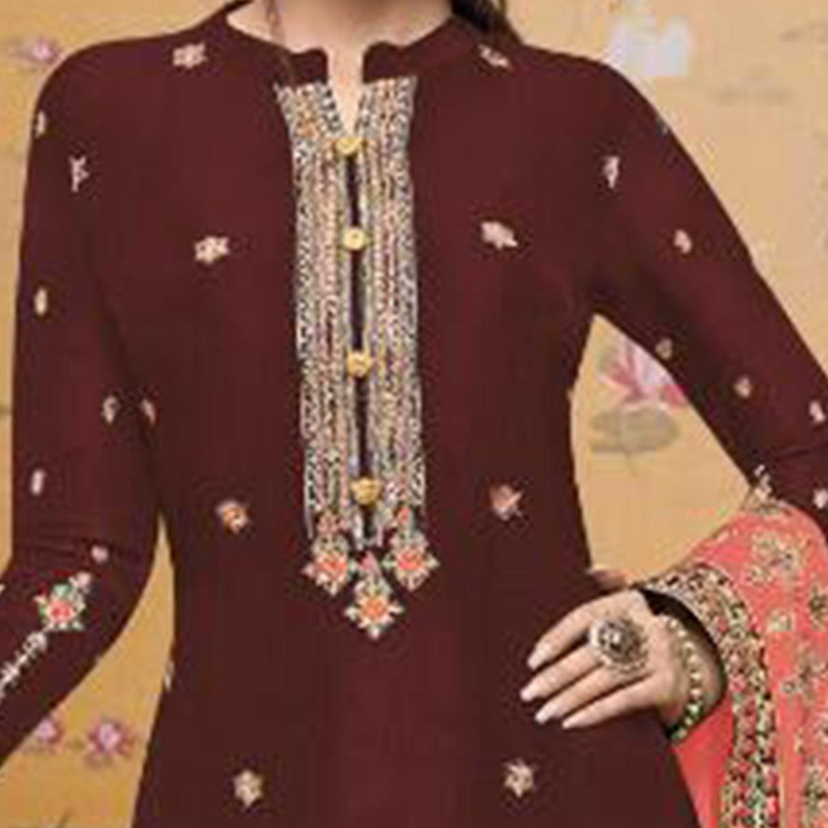 Mesmerising Maroon Colored Partywear Embroidered Crepe Palazzo Suit