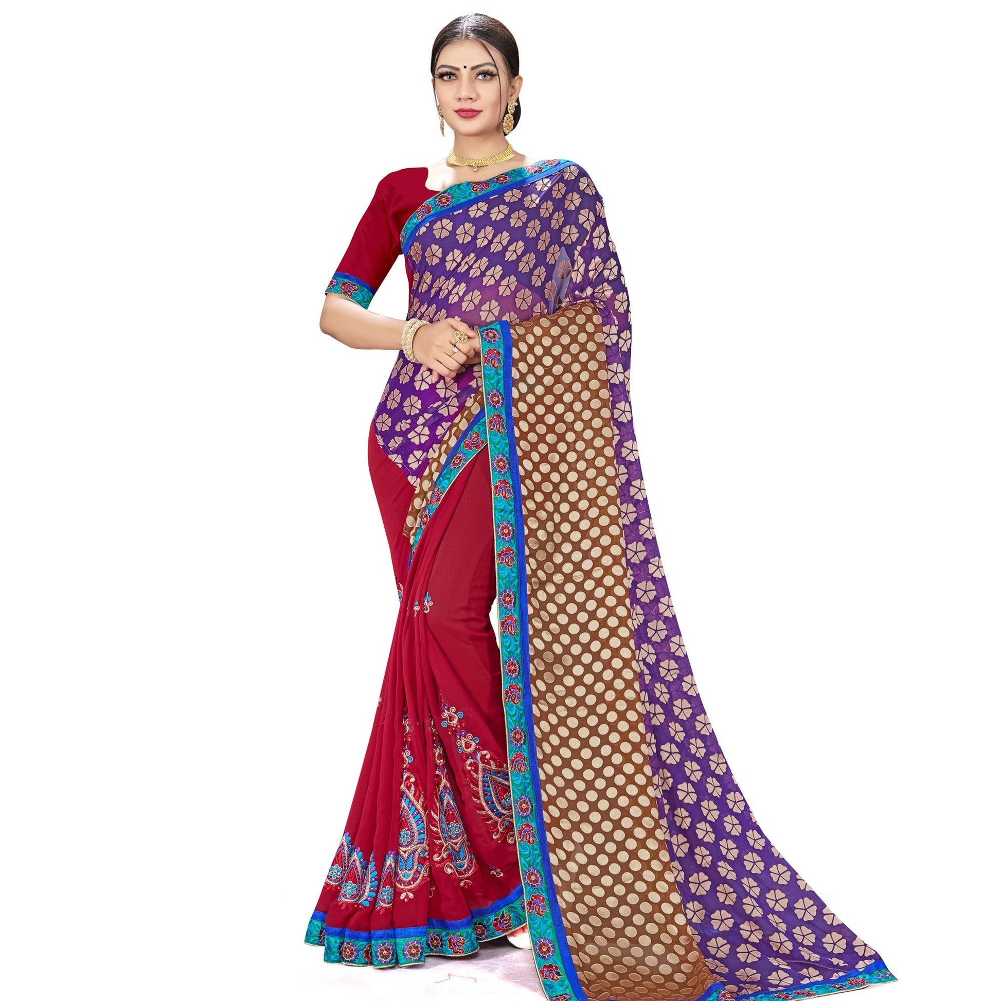 Mesmerising Maroon-Purple Colored Party Wear Embroidered Georgette Half-Half Saree