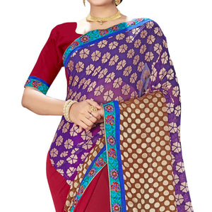 Mesmerising Maroon-Purple Colored Party Wear Embroidered Georgette Half-Half Saree