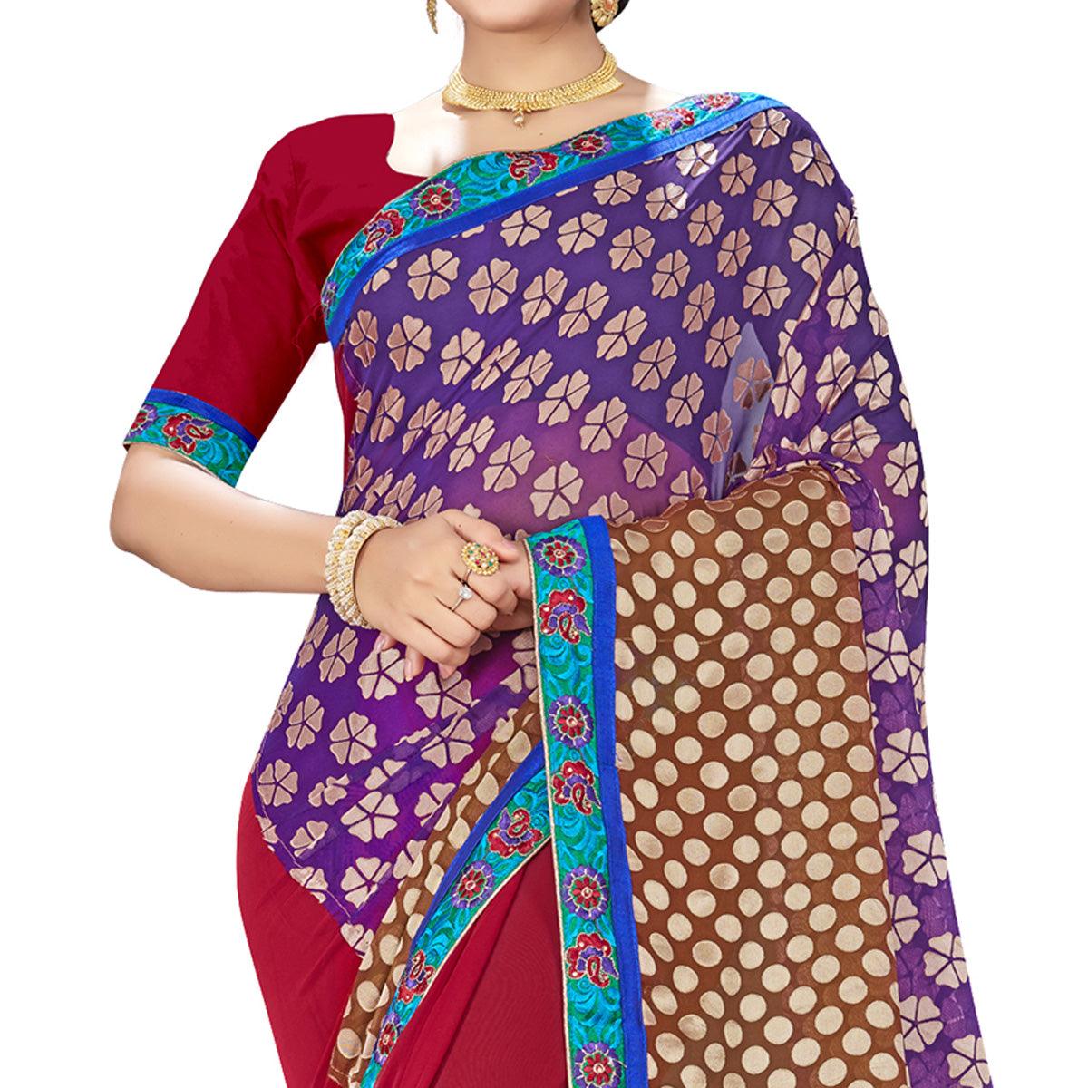 Mesmerising Maroon-Purple Colored Party Wear Embroidered Georgette Half-Half Saree