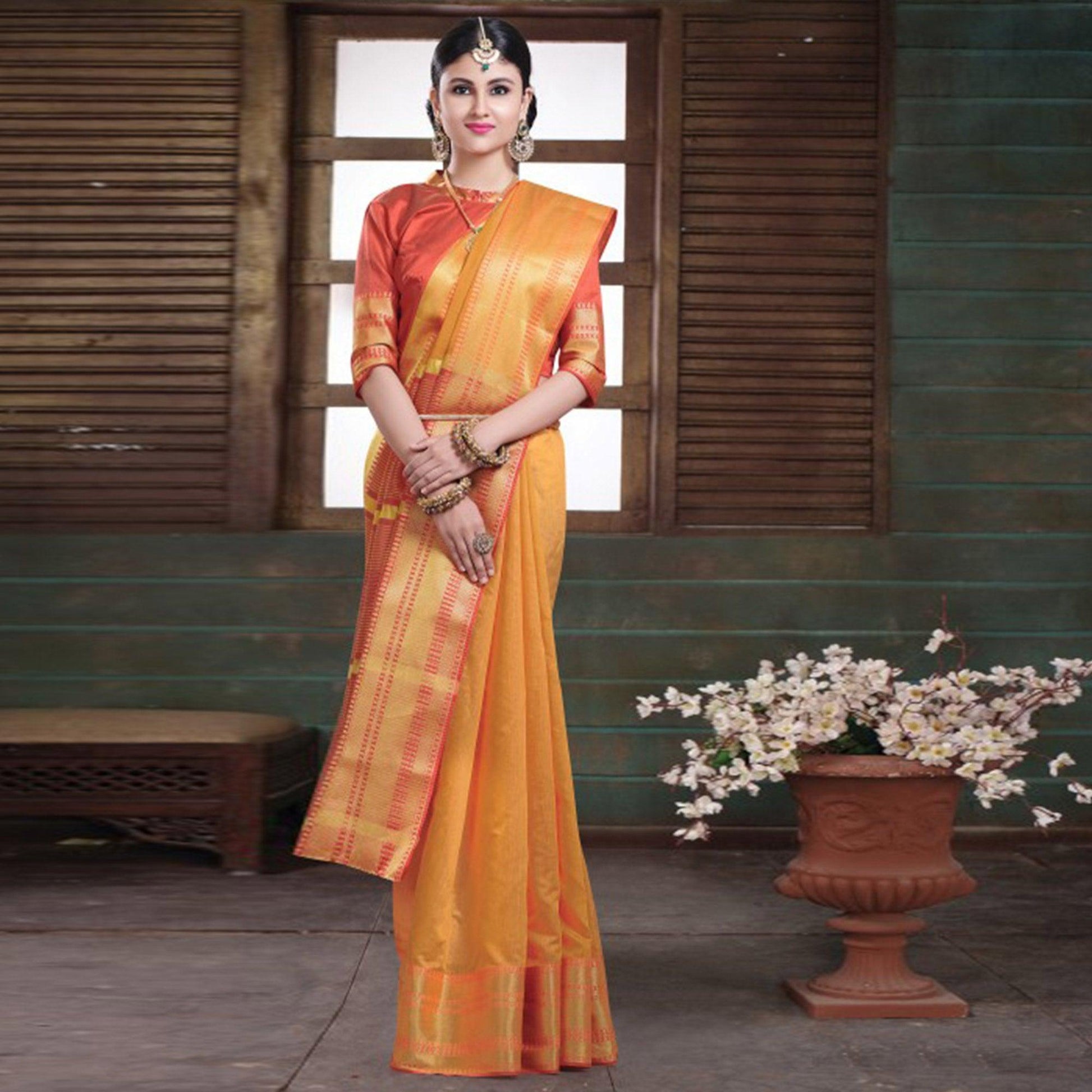 Mesmerising Mustard Yellow Colored Festive Wear Woven Cotton Handloom Saree