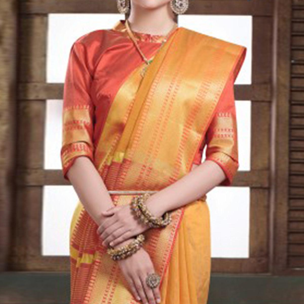 Mesmerising Mustard Yellow Colored Festive Wear Woven Cotton Handloom Saree