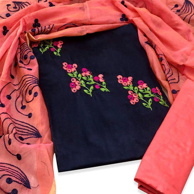 Mesmerising Navy Blue Colored Casual Wear Embroidered Cotton Dress Material
