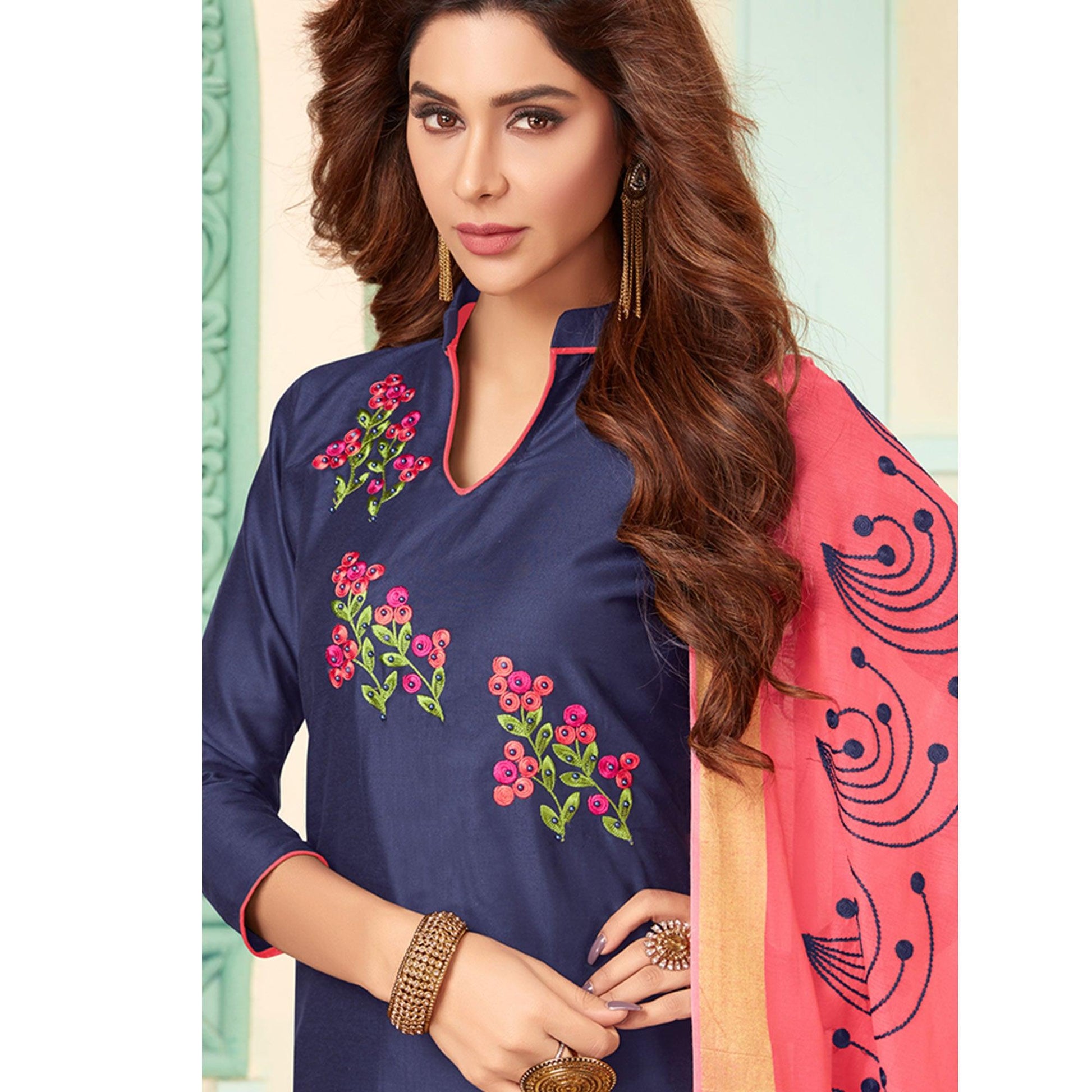 Mesmerising Navy Blue Colored Casual Wear Embroidered Cotton Dress Material