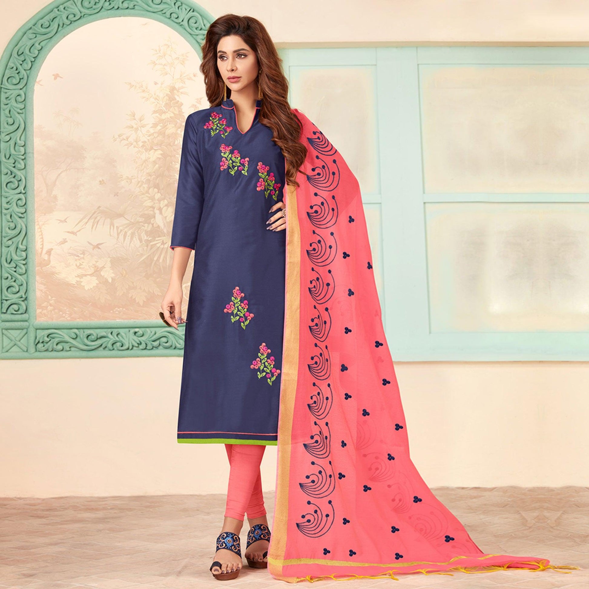 Mesmerising Navy Blue Colored Casual Wear Embroidered Cotton Dress Material