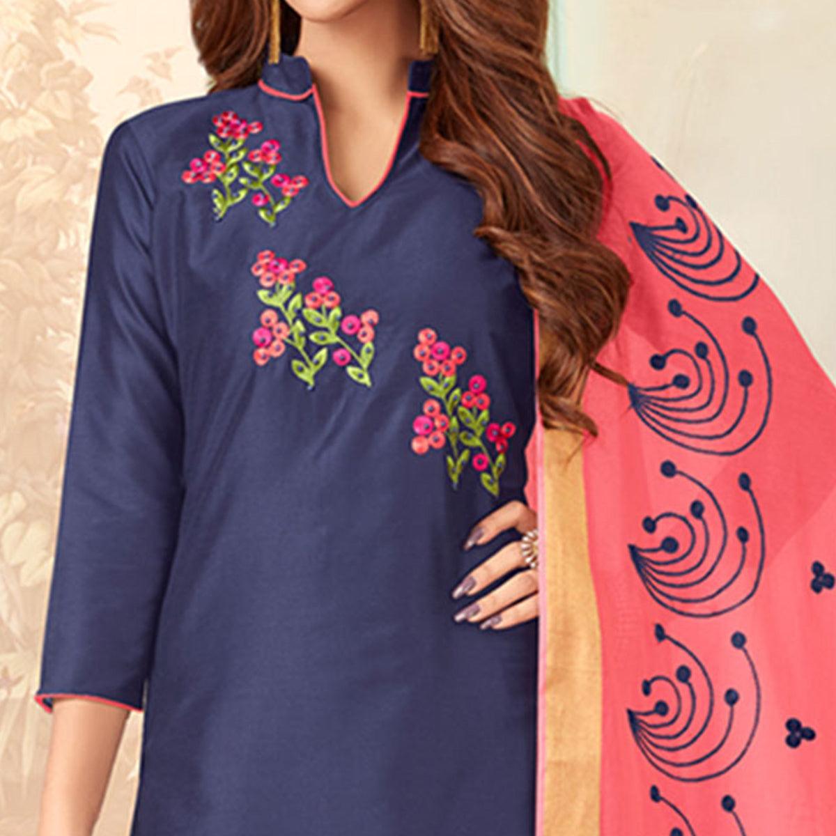 Mesmerising Navy Blue Colored Casual Wear Embroidered Cotton Dress Material