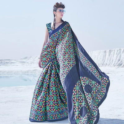 Mesmerising Navy Blue Colored Casual Wear Printed Satin Crepe Saree