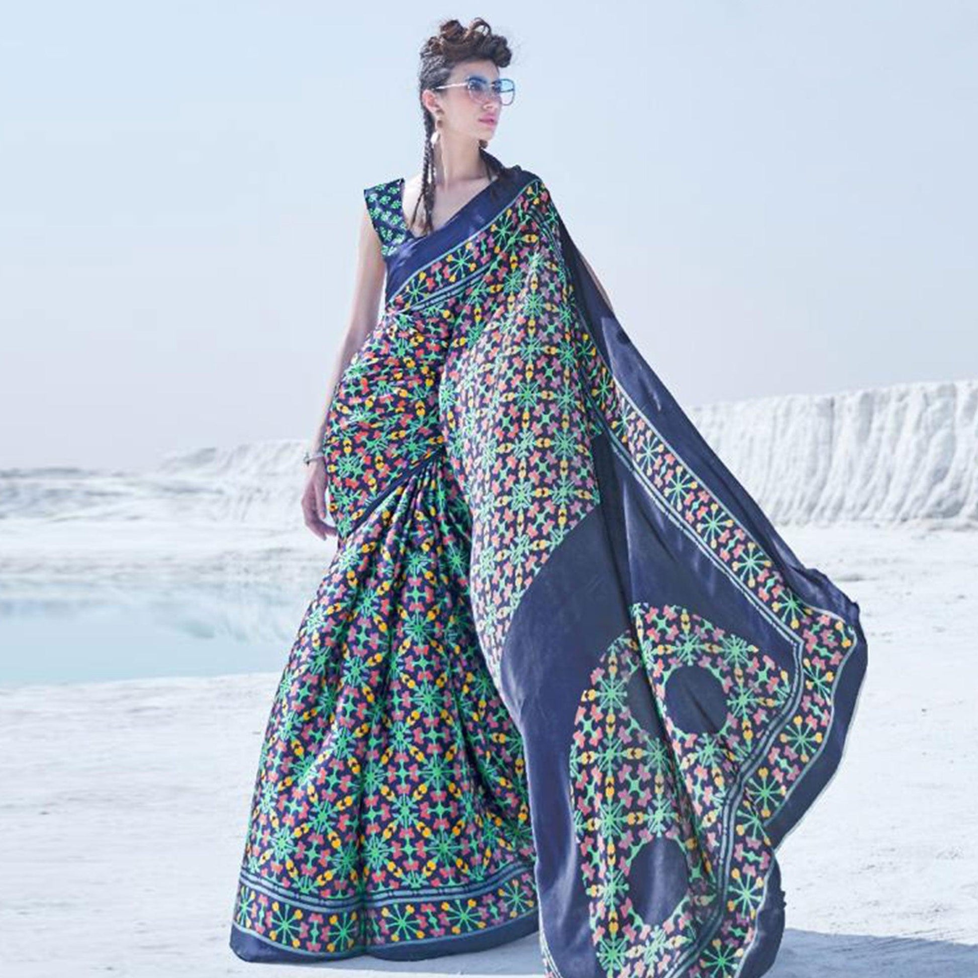 Mesmerising Navy Blue Colored Casual Wear Printed Satin Crepe Saree