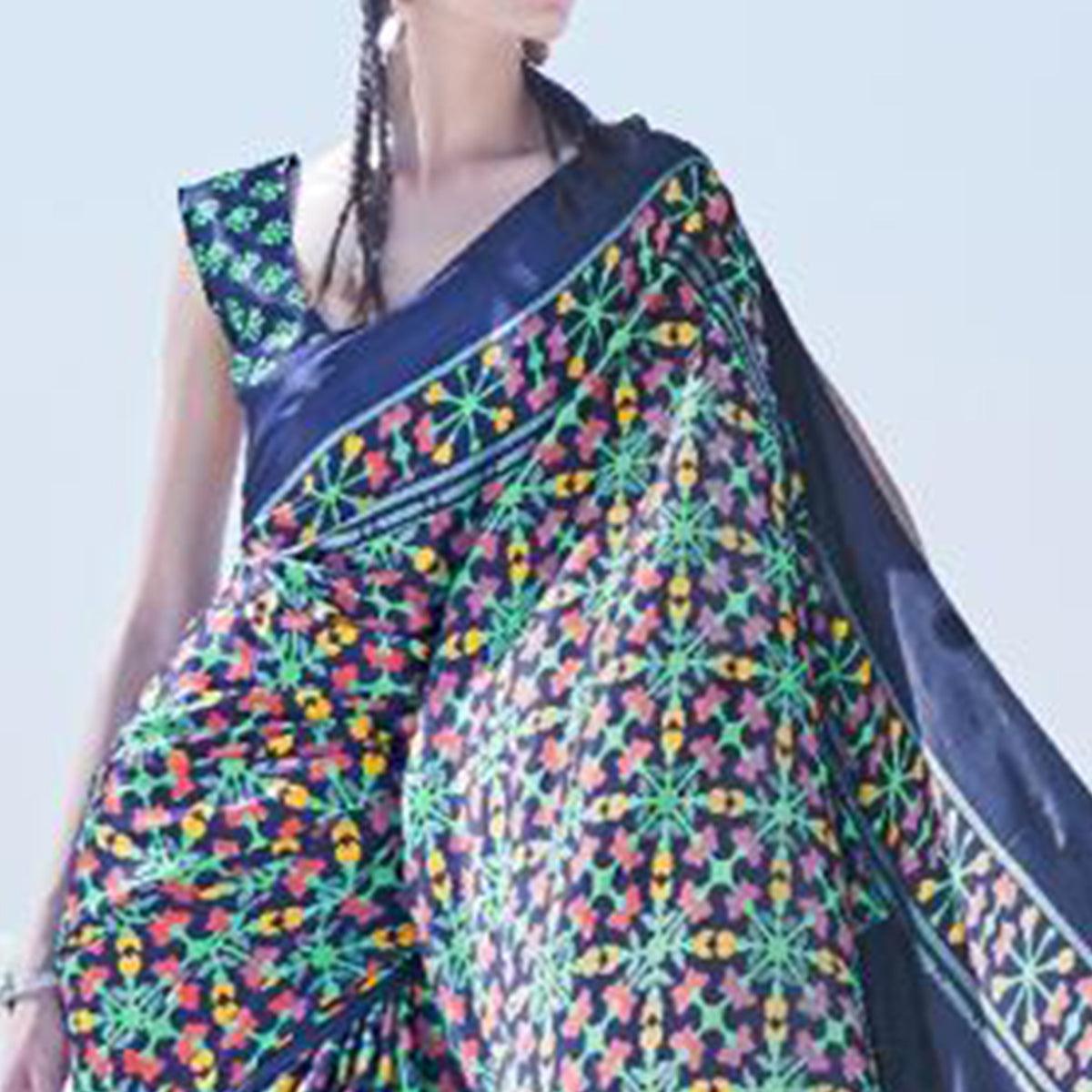 Mesmerising Navy Blue Colored Casual Wear Printed Satin Crepe Saree