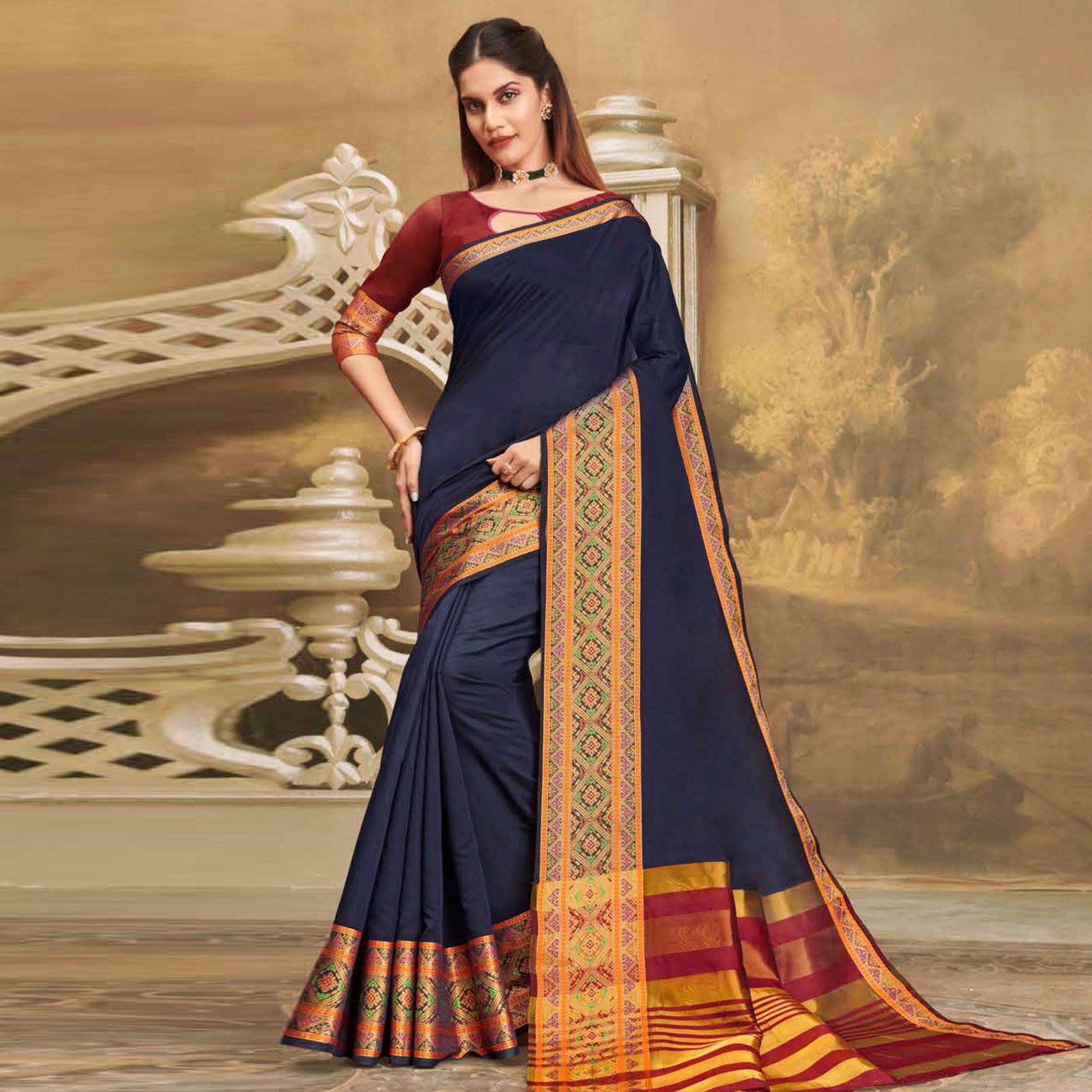 Mesmerising Navy Blue Colored Festive Wear Woven Cotton Handloom Saree