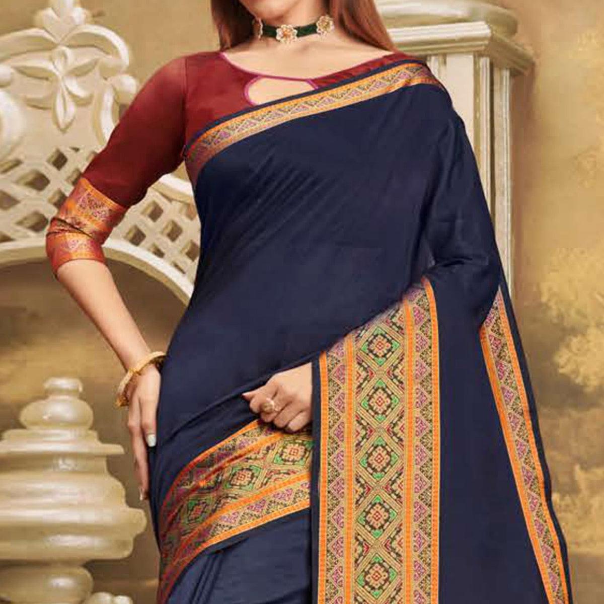 Mesmerising Navy Blue Colored Festive Wear Woven Cotton Handloom Saree
