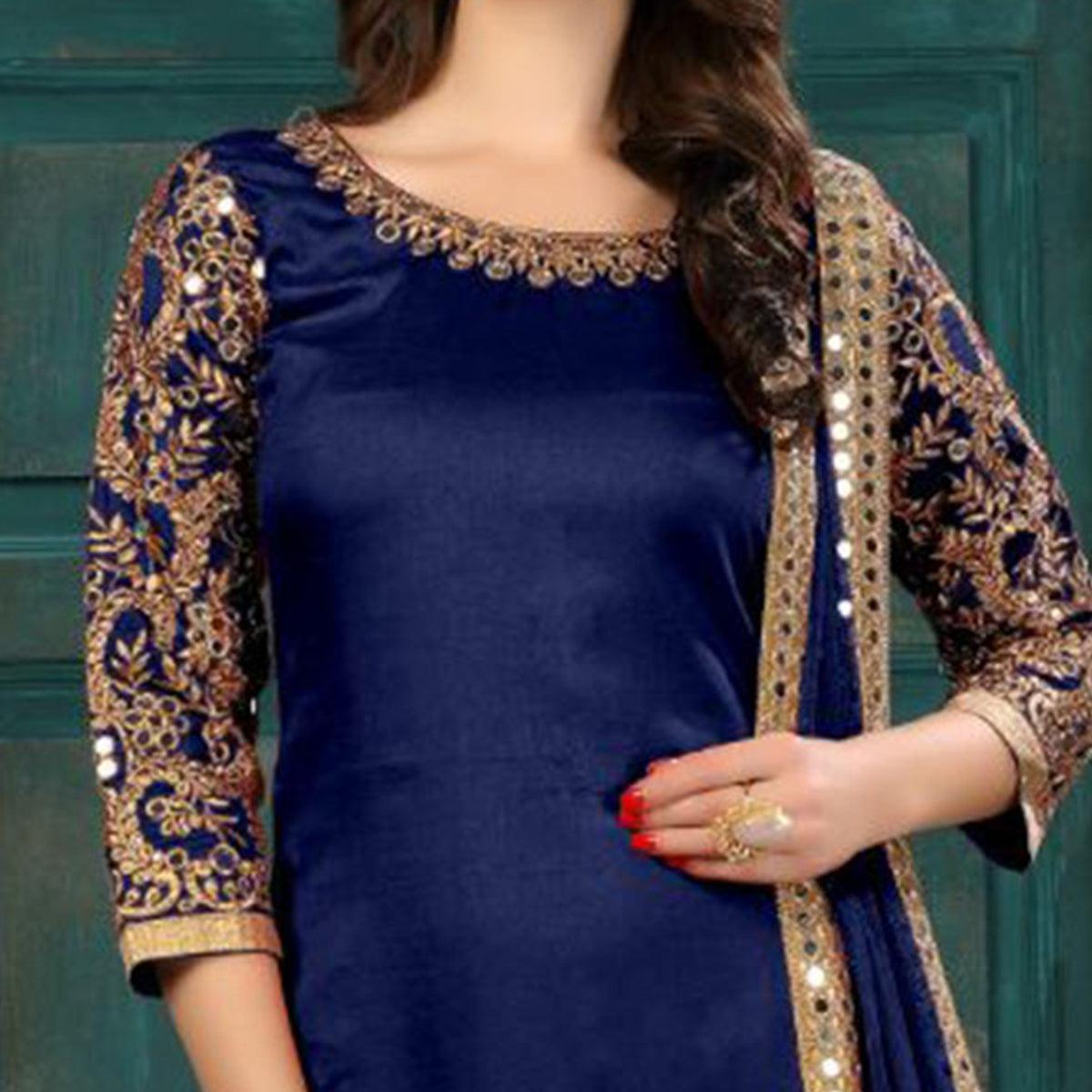 Mesmerising Navy Blue Colored Partywear Embroidered Art Silk Salwar Suit