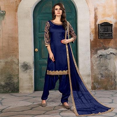 Mesmerising Navy Blue Colored Partywear Embroidered Art Silk Salwar Suit