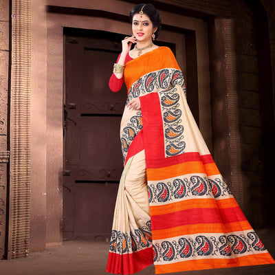 Mesmerising Offwhite Colored Casual Wear Printed Silk Saree