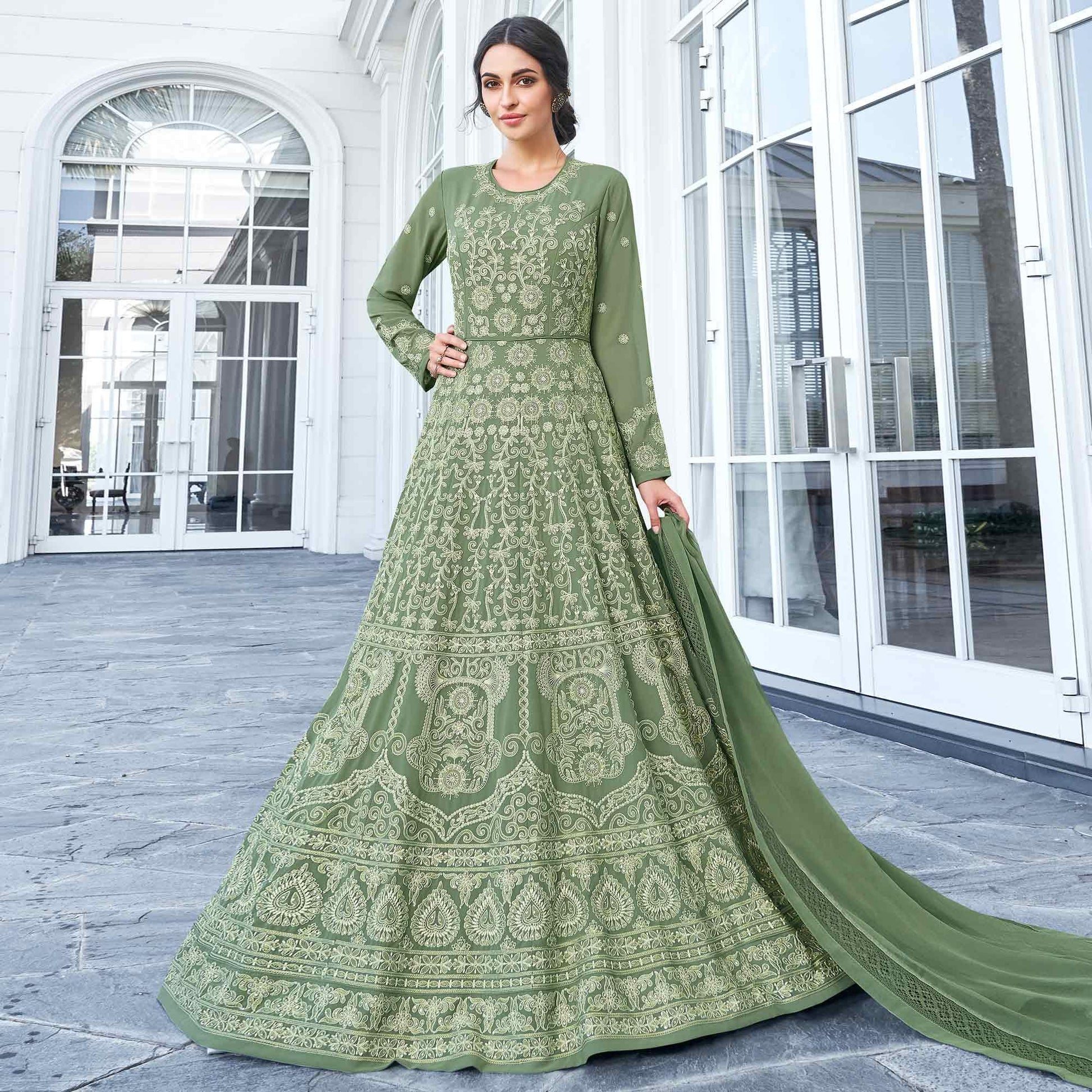 Mesmerising Olive Green Colored Partywear Embroidered Georgette Anarkali Suit