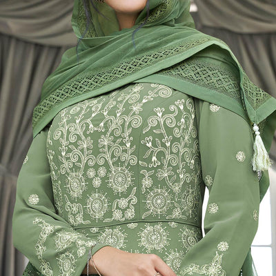 Mesmerising Olive Green Colored Partywear Embroidered Georgette Anarkali Suit