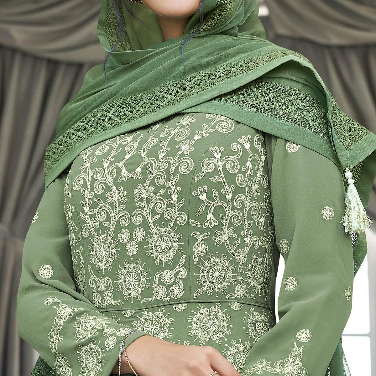 Mesmerising Olive Green Colored Partywear Embroidered Georgette Anarkali Suit