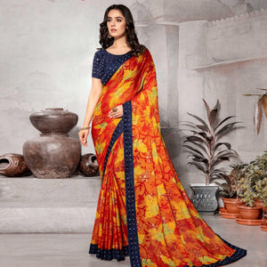 Mesmerising Orange Colored Partywear Embroidered Chiffon Brasso Saree