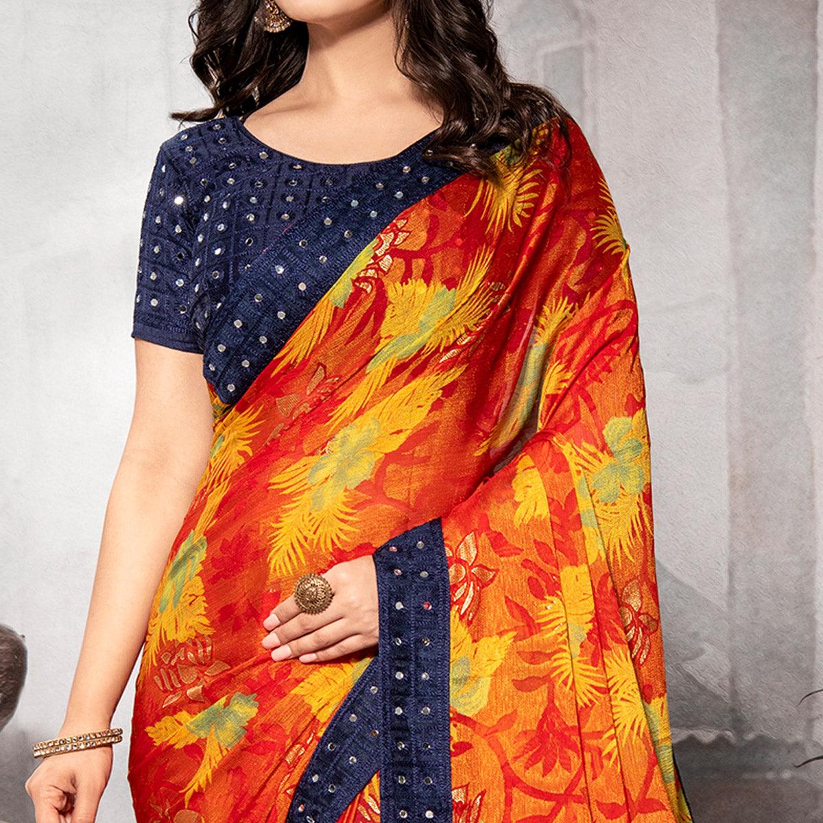 Mesmerising Orange Colored Partywear Embroidered Chiffon Brasso Saree