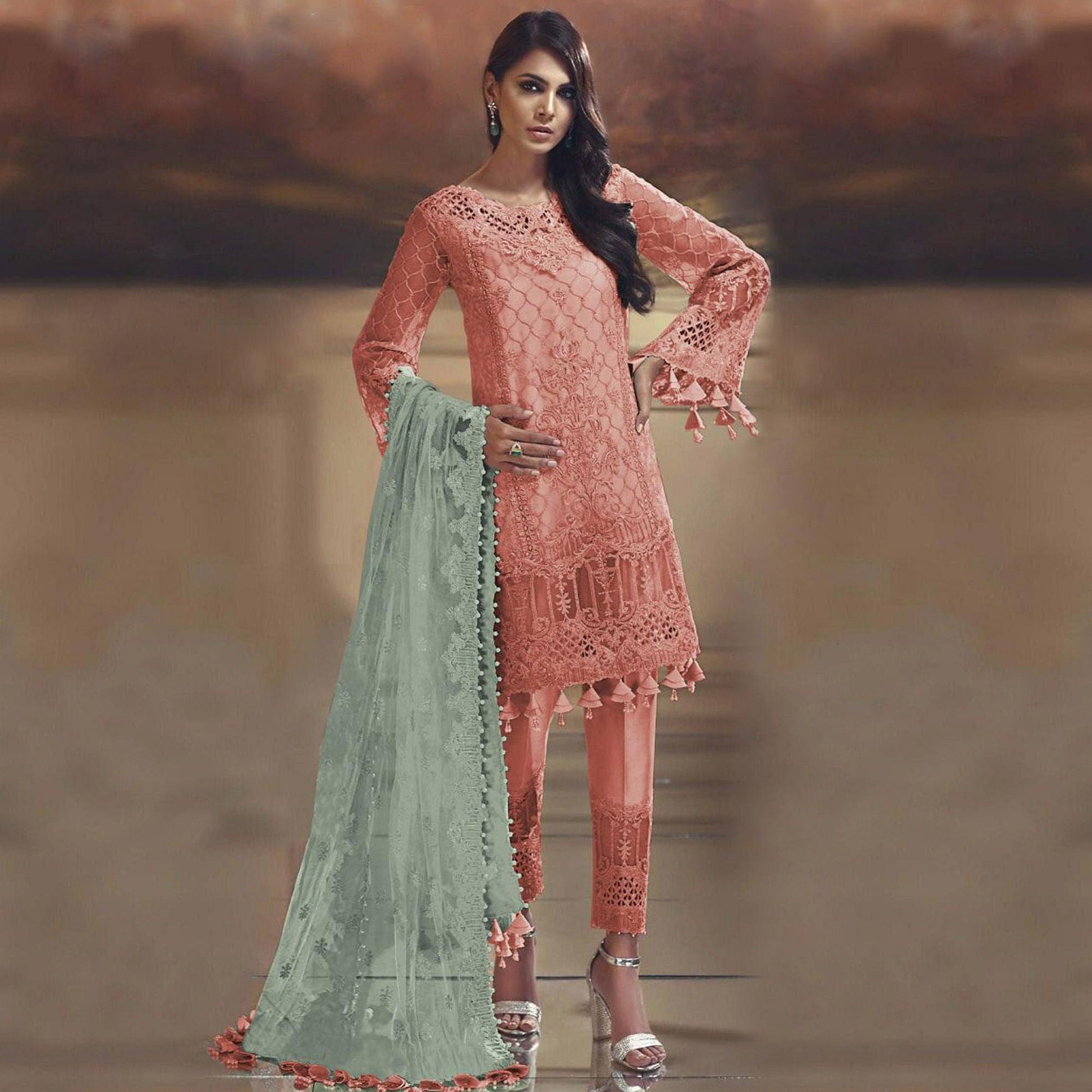 Mesmerising Orange Colored Partywear Embroidered Tissue Silk Straight suit
