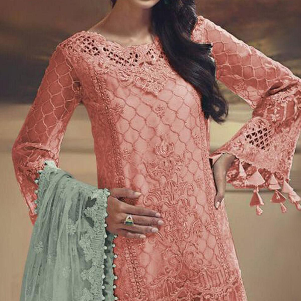 Mesmerising Orange Colored Partywear Embroidered Tissue Silk Straight suit