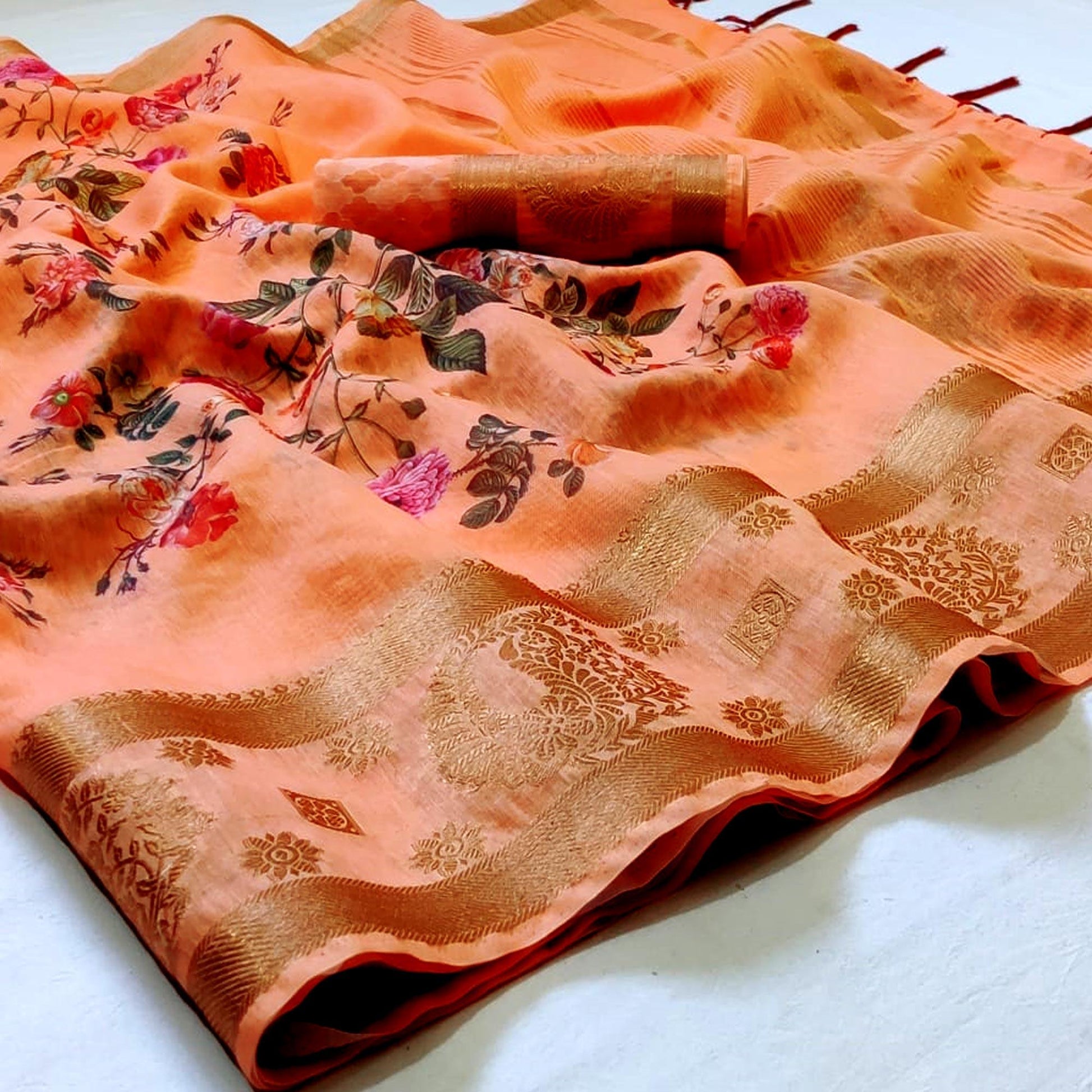 Mesmerising Peach Colored Festive Wear Woven Banarasi Silk Saree