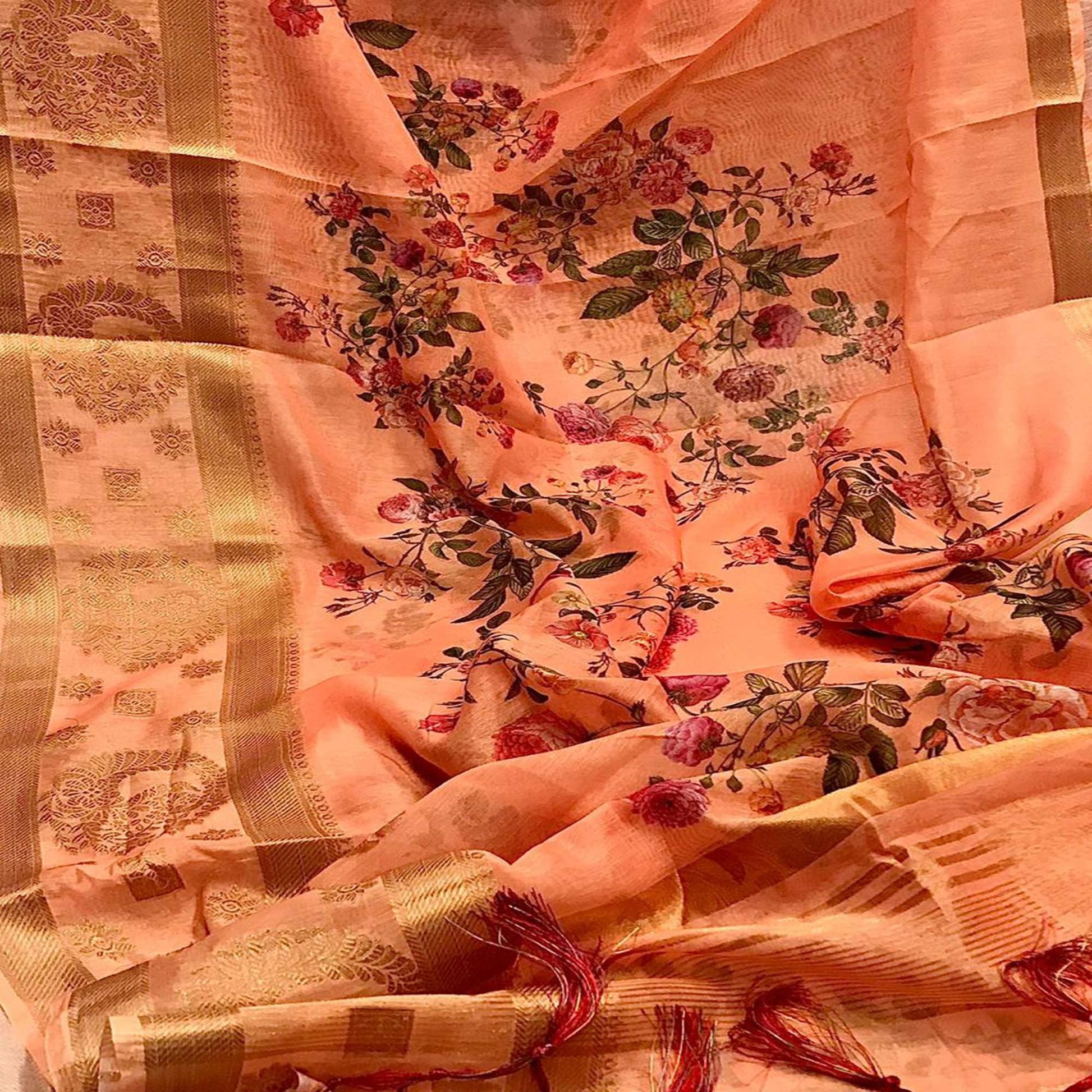 Mesmerising Peach Colored Festive Wear Woven Banarasi Silk Saree