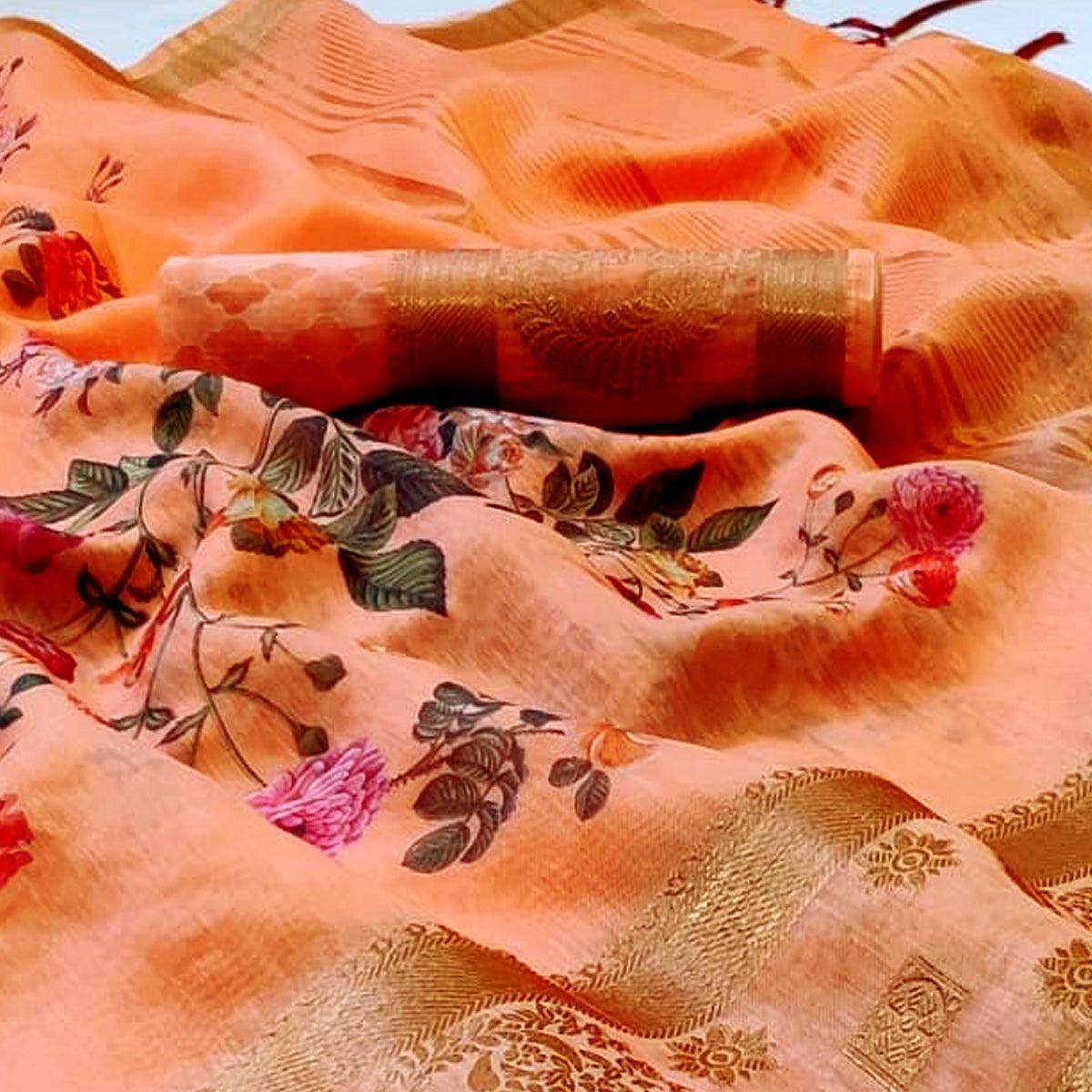 Mesmerising Peach Colored Festive Wear Woven Banarasi Silk Saree