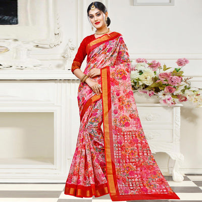 Mesmerising Pink Colored Casual Floral Printed Cotton Saree