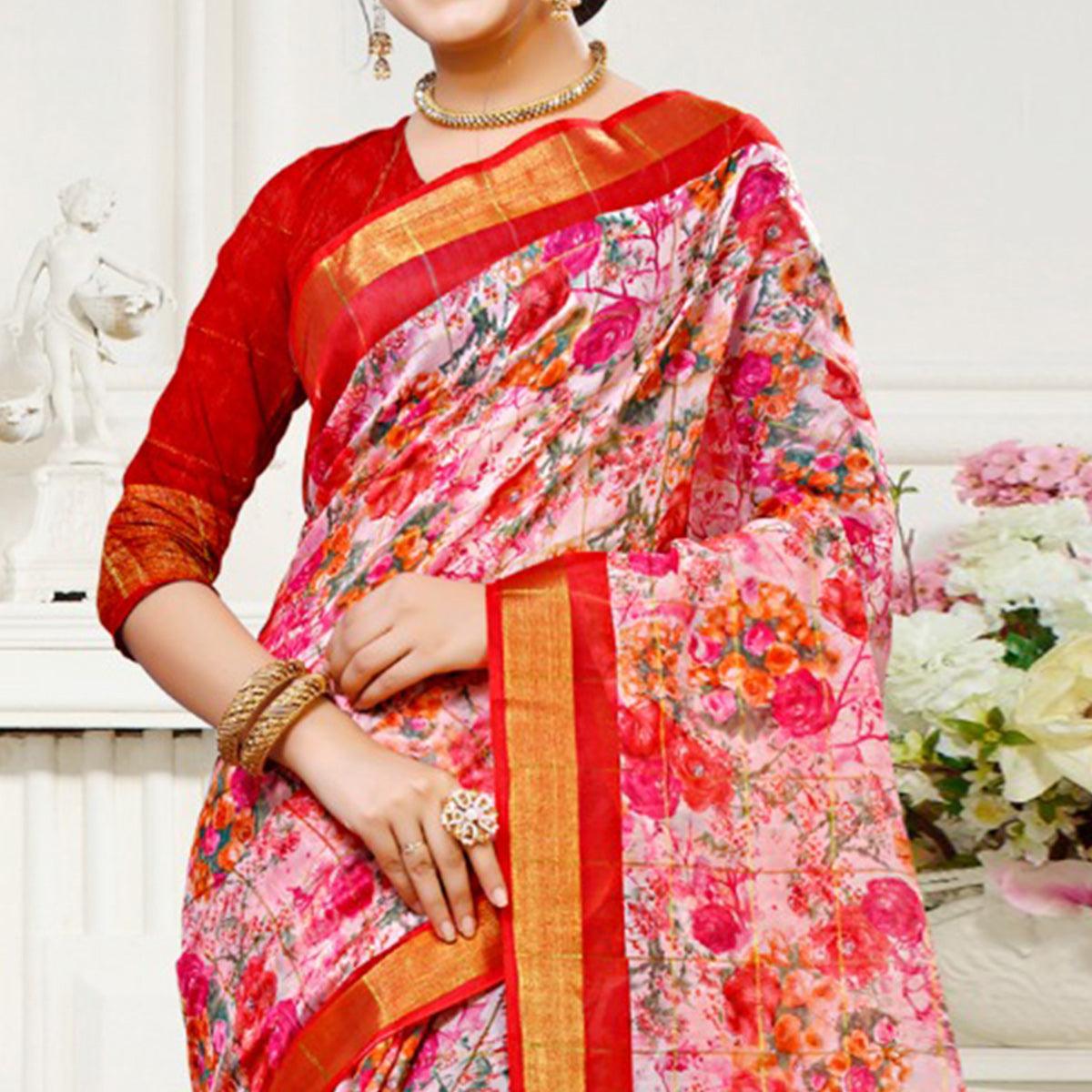 Mesmerising Pink Colored Casual Floral Printed Cotton Saree