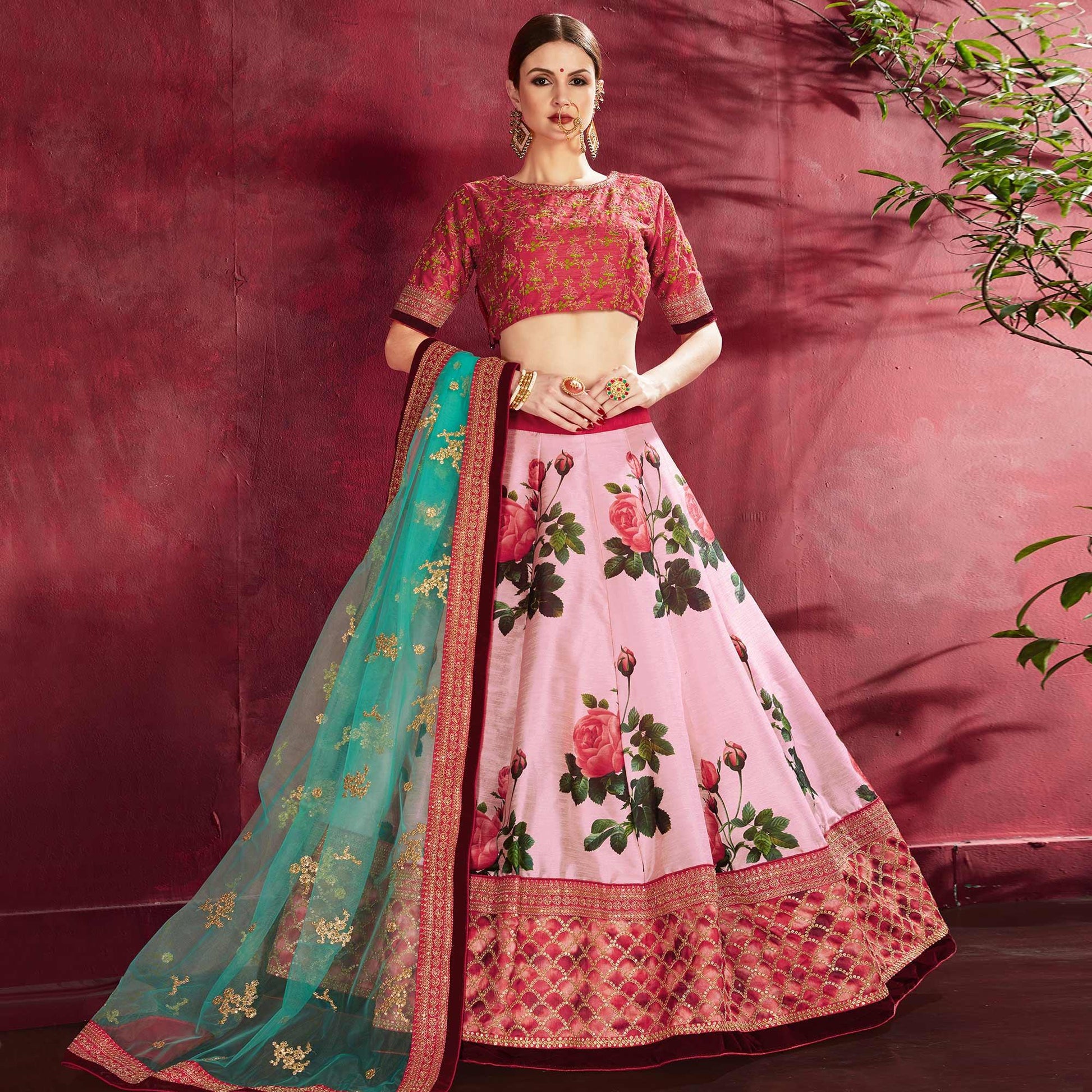 Mesmerising Pink Colored Designer Digital Print And Embroidered Banglori Silk Lehenga Choli