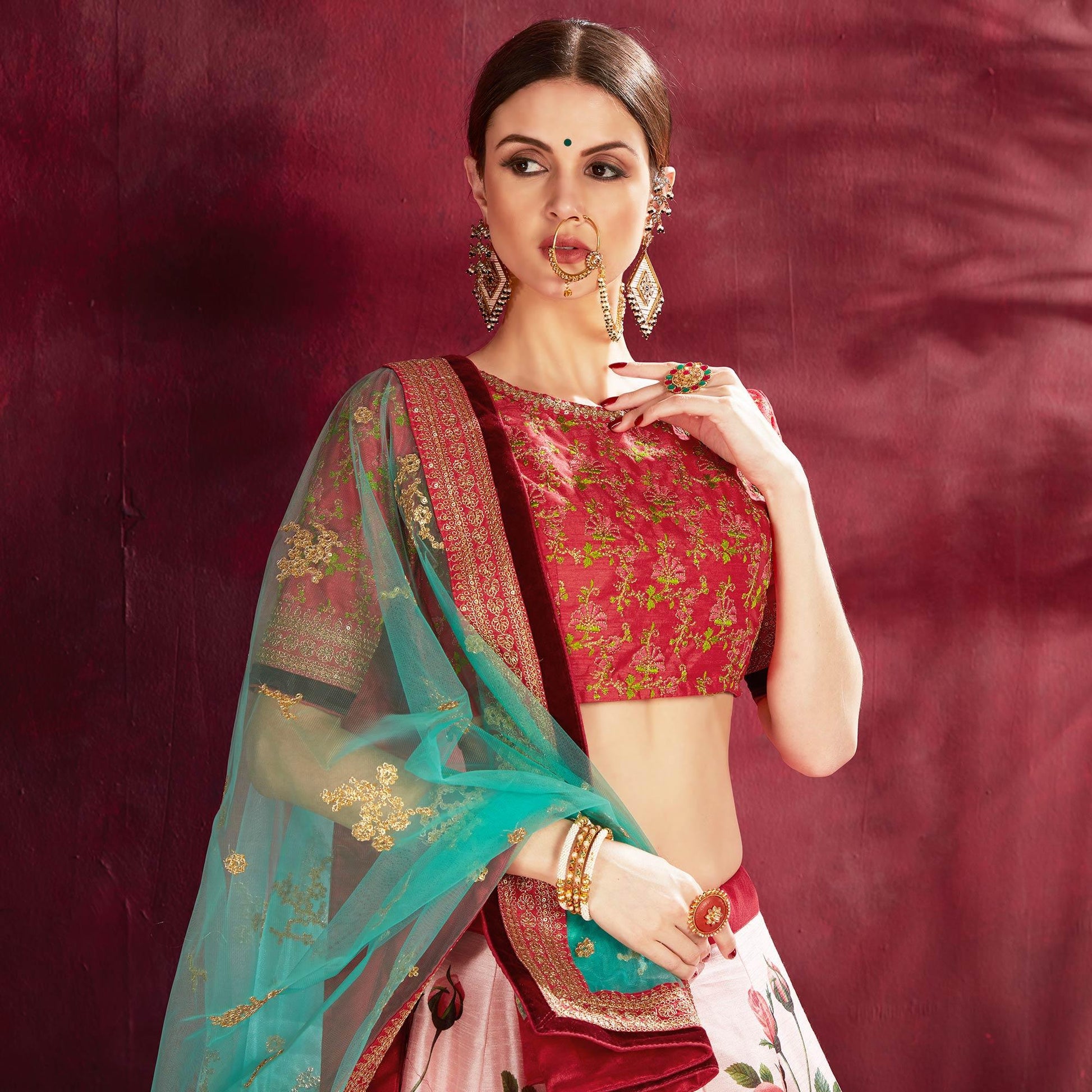 Mesmerising Pink Colored Designer Digital Print And Embroidered Banglori Silk Lehenga Choli