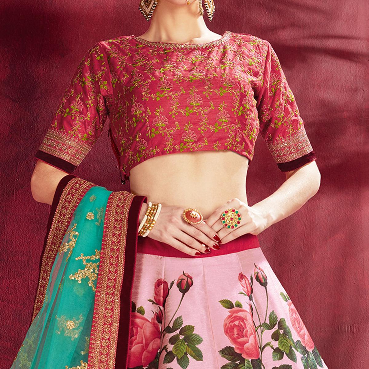 Mesmerising Pink Colored Designer Digital Print And Embroidered Banglori Silk Lehenga Choli