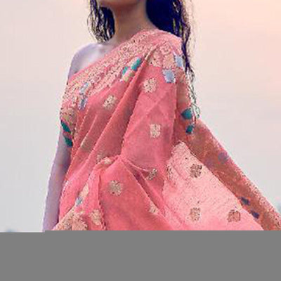Mesmerising Pink Colored Festive Wear Woven Pure Linen Silk Saree