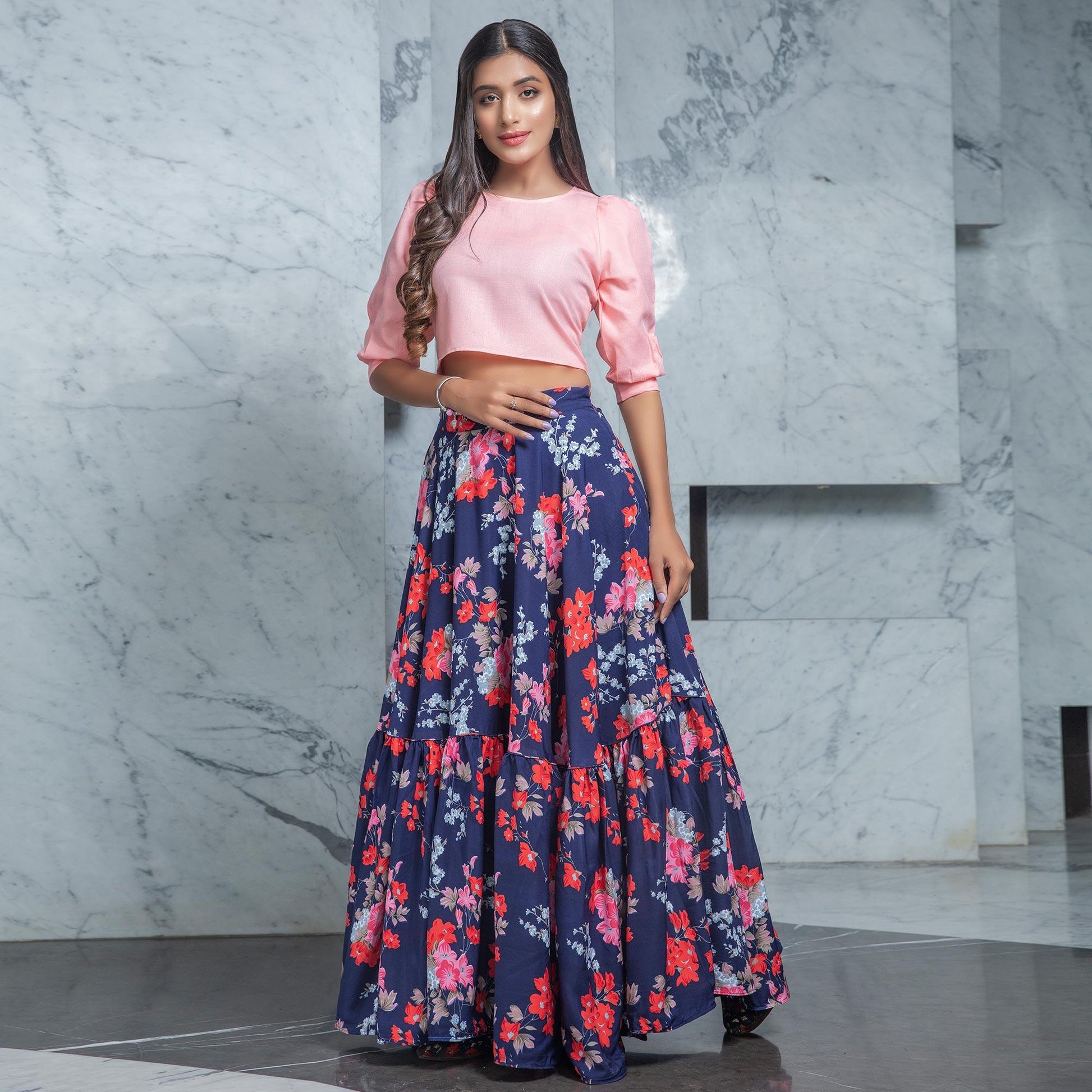 Mesmerising Pink - Navy Blue Colored Partywear Printed Cotton Top-Skirt Set