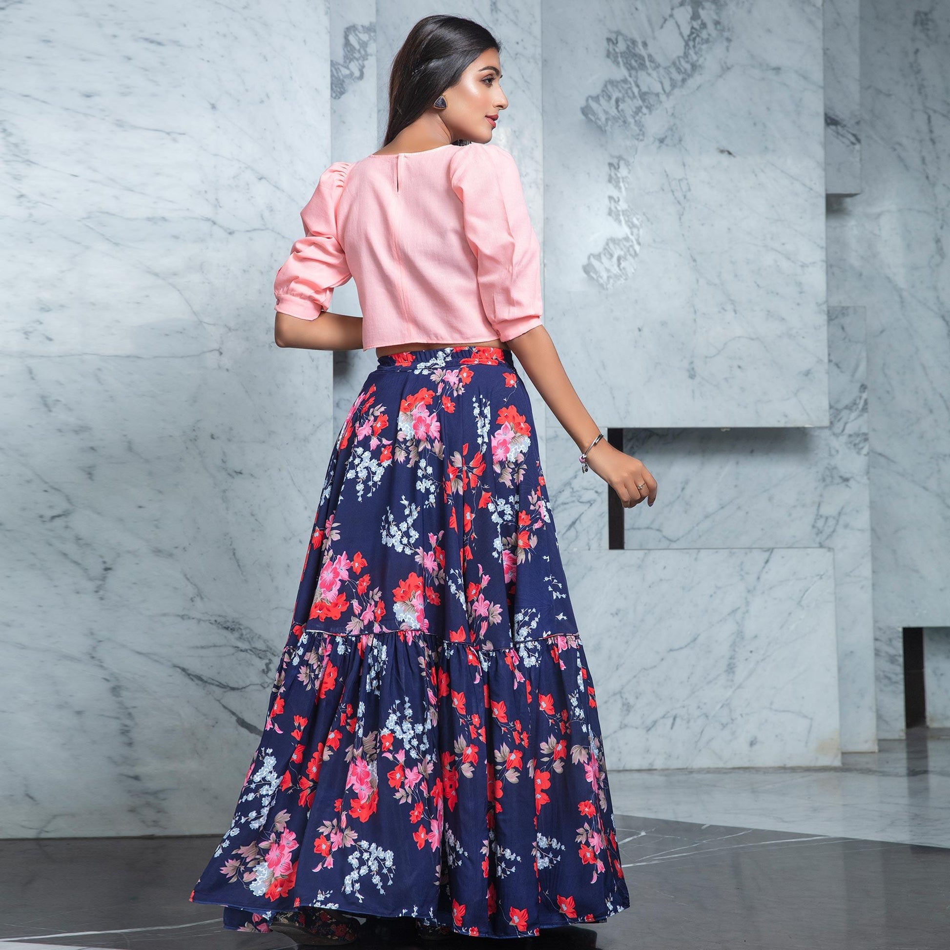 Mesmerising Pink - Navy Blue Colored Partywear Printed Cotton Top-Skirt Set